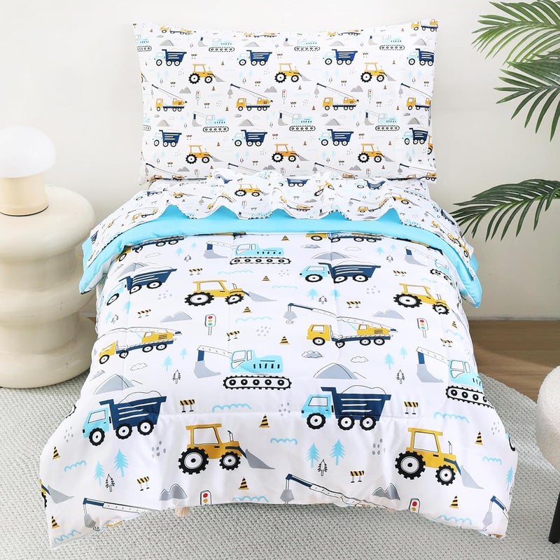 lasoftan Cars Toddler Bedding Set, 4-Piece Bed-in-a-Bag Comforter Set for Boys, Construction Truck Bedding, Machine Washable - Image 1